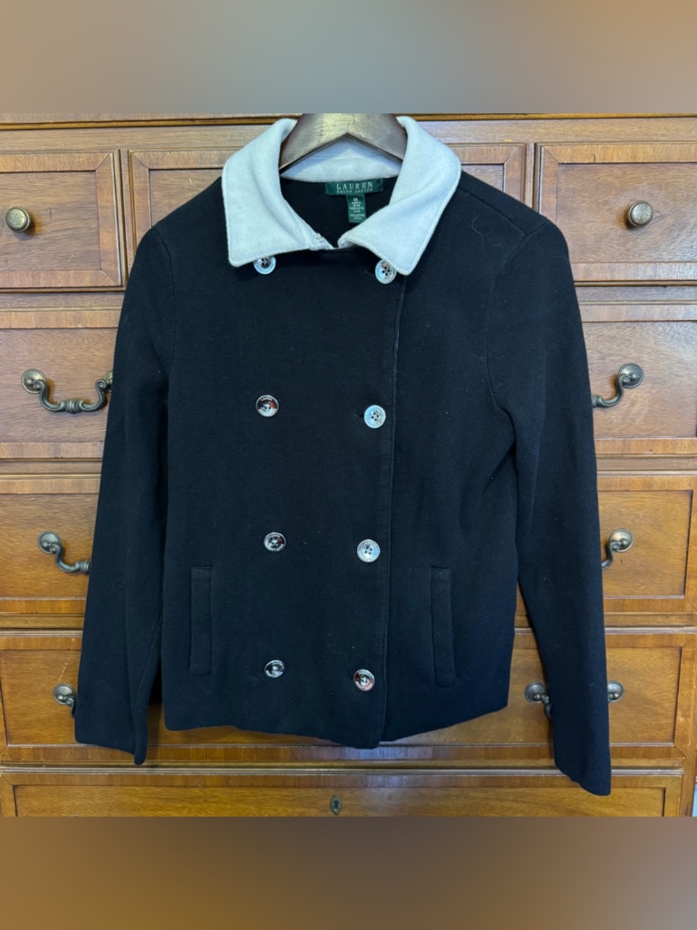 Lauren Ralph Lauren Black Double Breasted Cotton Knit Cardigan Blazer Jacket M